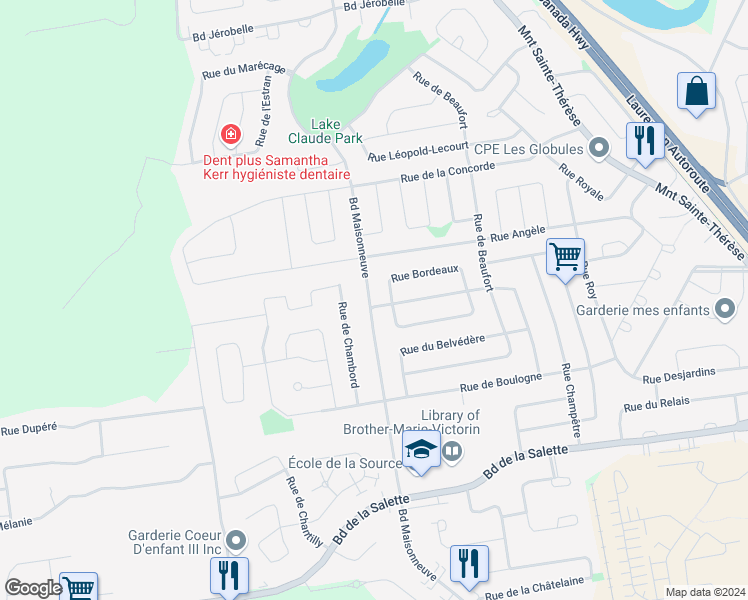 map of restaurants, bars, coffee shops, grocery stores, and more near 1288 Boulevard Maisonneuve in Saint-Jérôme