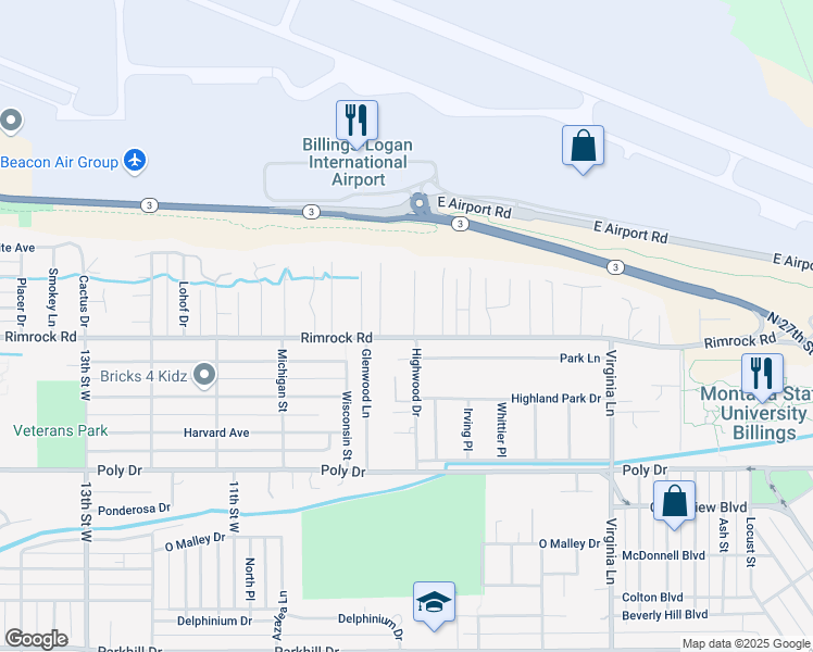 map of restaurants, bars, coffee shops, grocery stores, and more near 2925 Upper Highwood Drive in Billings