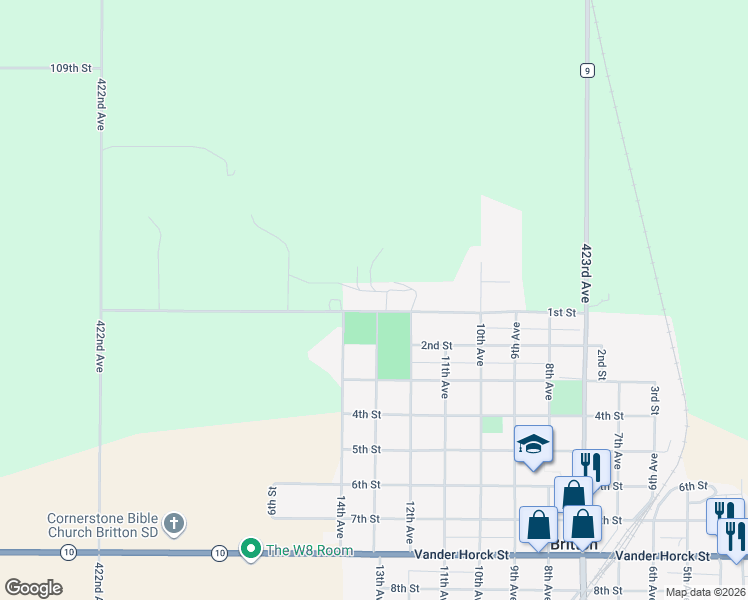 map of restaurants, bars, coffee shops, grocery stores, and more near 1306 1st Street in Britton