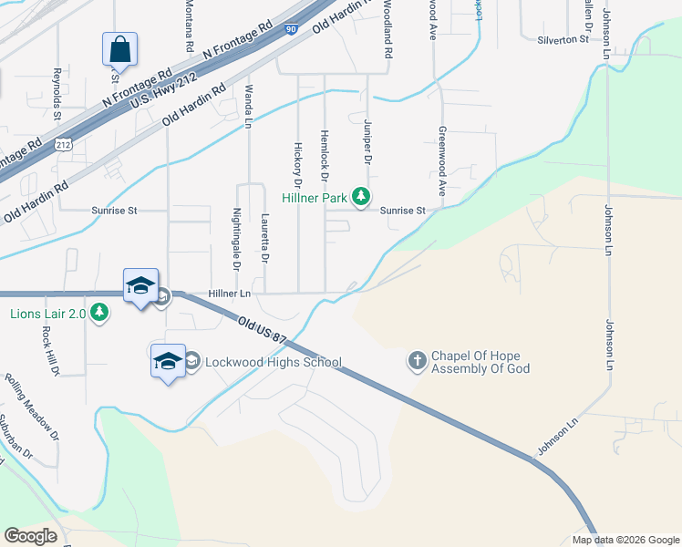 map of restaurants, bars, coffee shops, grocery stores, and more near 45 Hemlock Drive in Billings