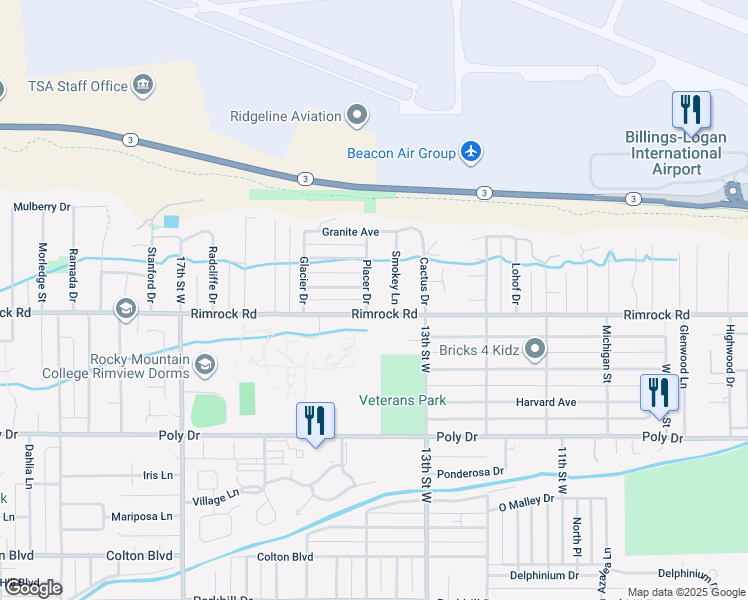 map of restaurants, bars, coffee shops, grocery stores, and more near 2924 Smokey Lane in Billings