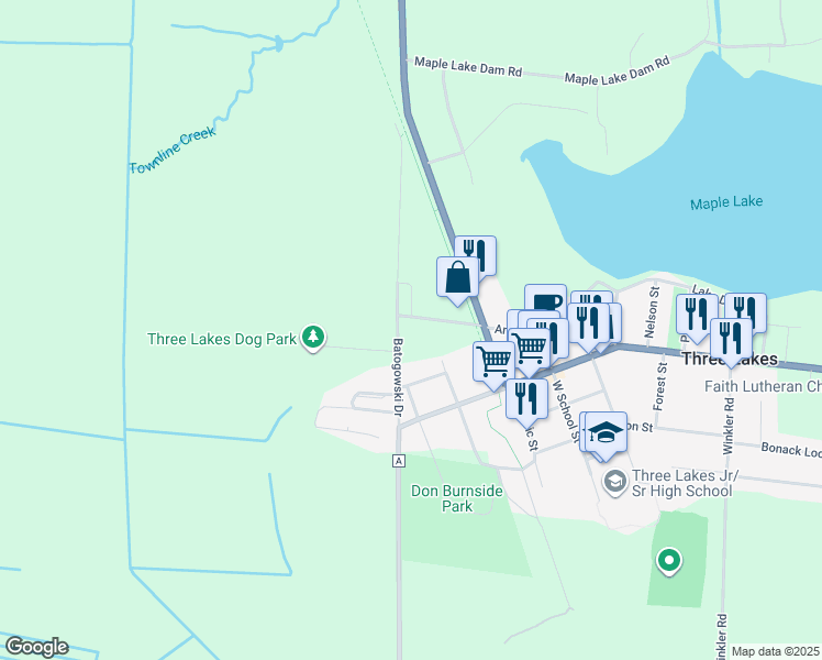map of restaurants, bars, coffee shops, grocery stores, and more near 7000 Batogowski Drive in Three Lakes