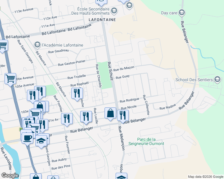 map of restaurants, bars, coffee shops, grocery stores, and more near 2036 Rue Schulz in Saint-Jérôme