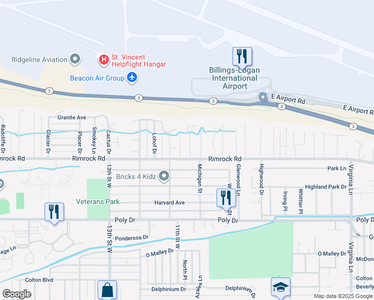 map of restaurants, bars, coffee shops, grocery stores, and more near 2929 Rockrim Lane in Billings