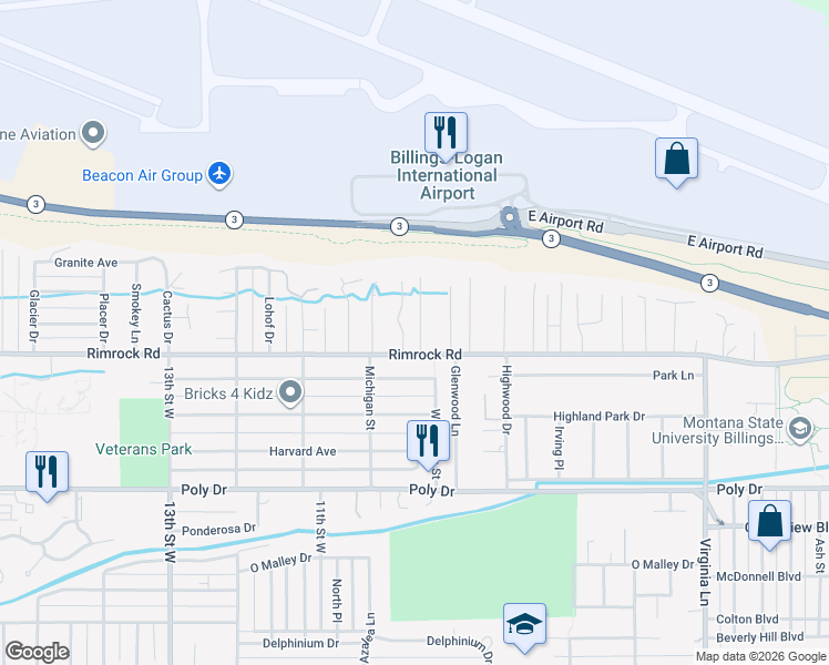 map of restaurants, bars, coffee shops, grocery stores, and more near 2921 Rimview Drive in Billings