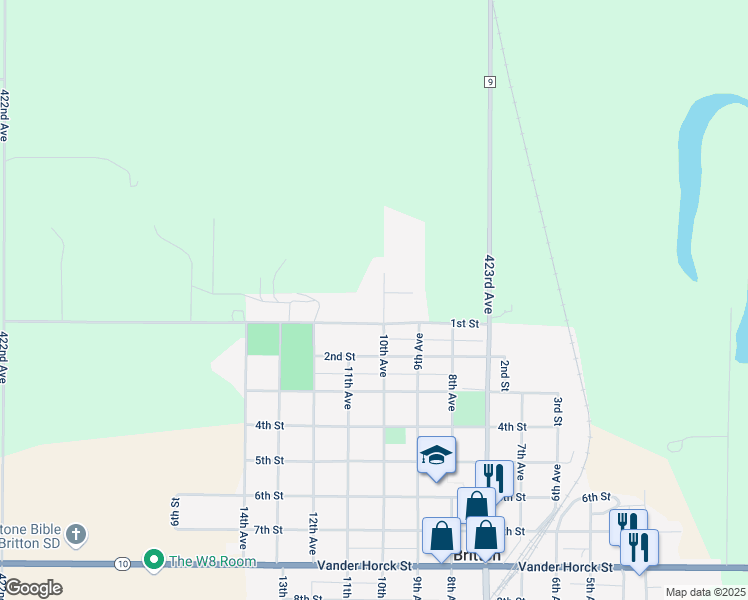 map of restaurants, bars, coffee shops, grocery stores, and more near 98 10th Avenue in Britton