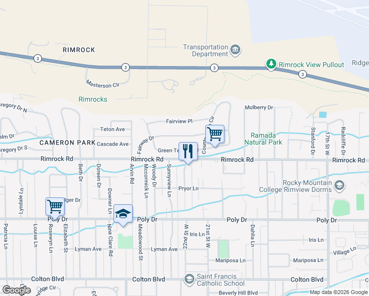 map of restaurants, bars, coffee shops, grocery stores, and more near 2201 Green Terrace Drive in Billings