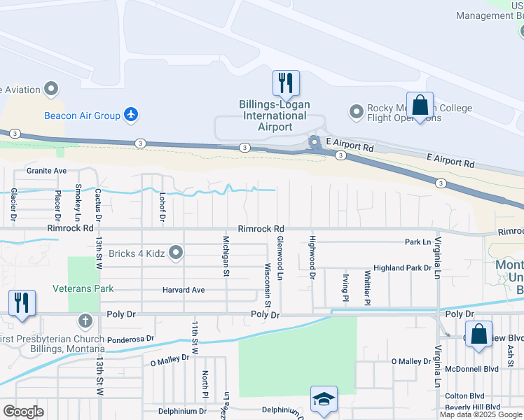 map of restaurants, bars, coffee shops, grocery stores, and more near 2921 Rimview Drive in Billings