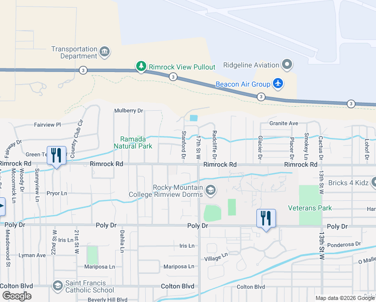 map of restaurants, bars, coffee shops, grocery stores, and more near 3006 17th Street West in Billings
