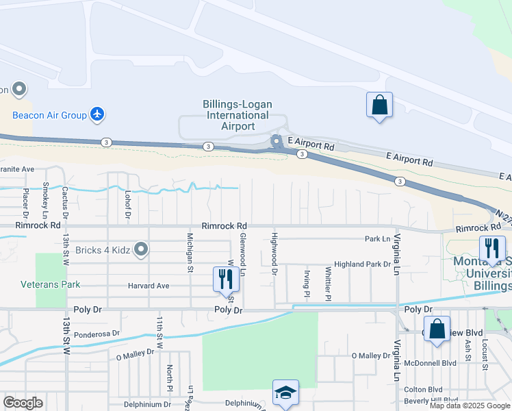 map of restaurants, bars, coffee shops, grocery stores, and more near 2925 Nye Lane in Billings