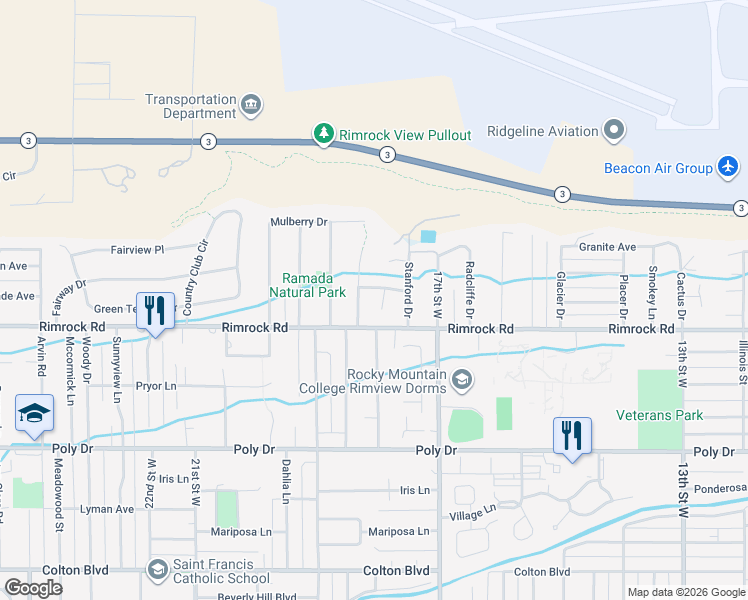 map of restaurants, bars, coffee shops, grocery stores, and more near 2916 Shadow Oaks in Billings