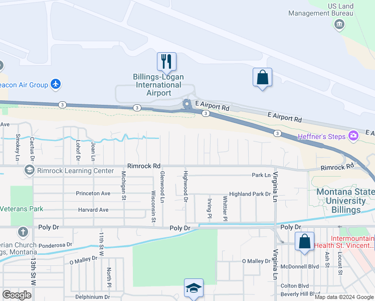 map of restaurants, bars, coffee shops, grocery stores, and more near 2925 Upper Highwood Drive in Billings