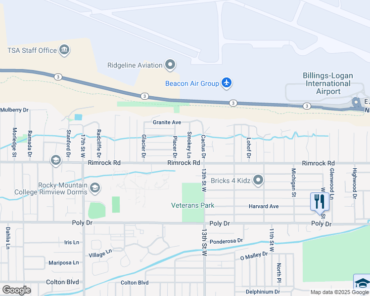 map of restaurants, bars, coffee shops, grocery stores, and more near 2924 Smokey Lane in Billings