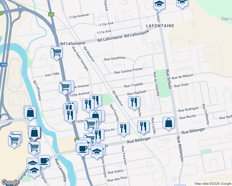 map of restaurants, bars, coffee shops, grocery stores, and more near 2071 Boulevard Maurice in Saint-Jérôme