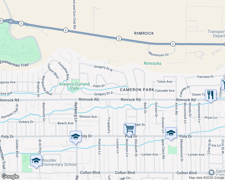 map of restaurants, bars, coffee shops, grocery stores, and more near 2737 Gregory Drive South in Billings