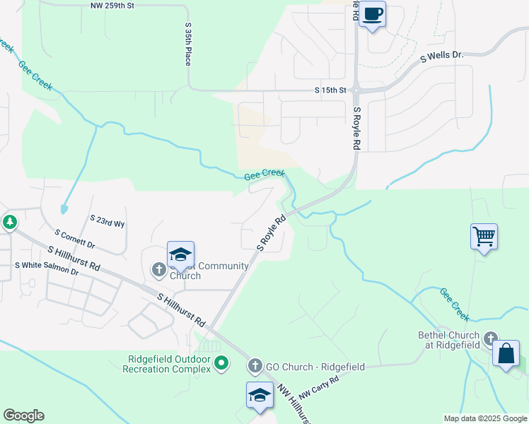 map of restaurants, bars, coffee shops, grocery stores, and more near 2136 South Royal Court in Ridgefield