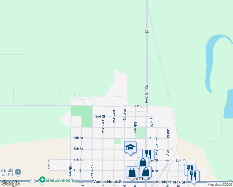 map of restaurants, bars, coffee shops, grocery stores, and more near 98 10th Avenue in Britton