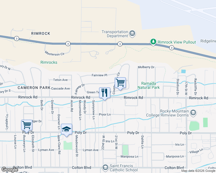 map of restaurants, bars, coffee shops, grocery stores, and more near 2201 Green Terrace Drive in Billings