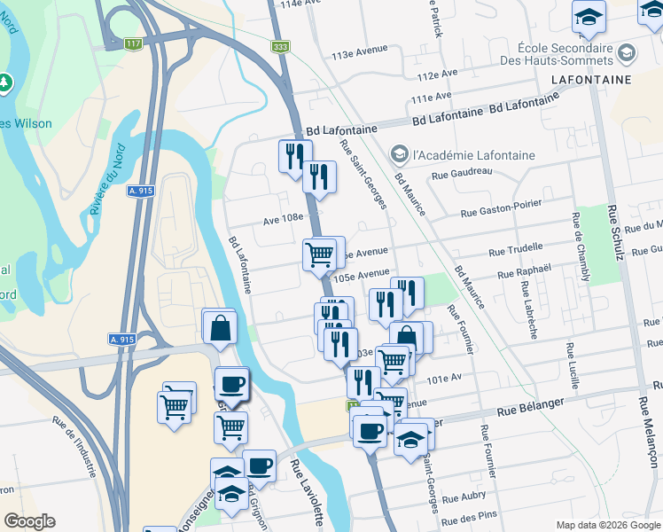 map of restaurants, bars, coffee shops, grocery stores, and more near in Saint-Jérôme