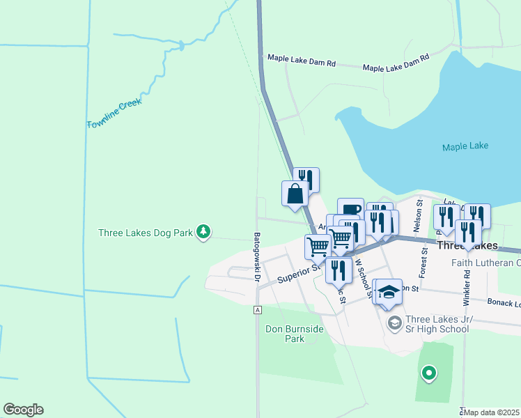 map of restaurants, bars, coffee shops, grocery stores, and more near 7000 Batogowski Drive in Three Lakes