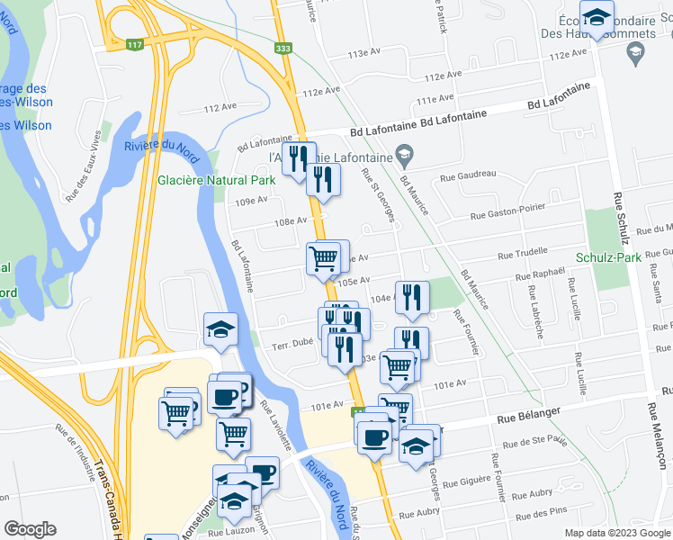 map of restaurants, bars, coffee shops, grocery stores, and more near 2117 Boulevard du Curé-Labelle in Saint-Jérôme