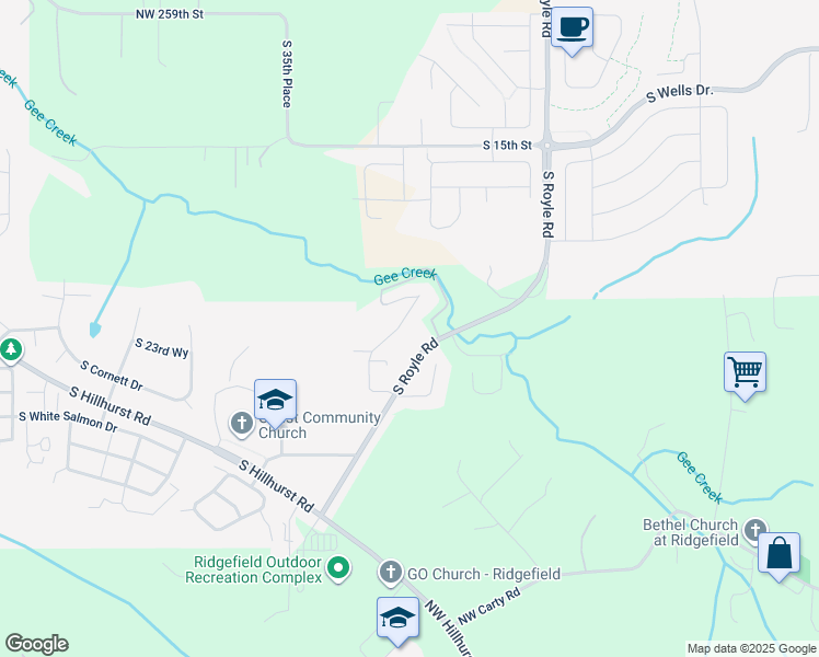 map of restaurants, bars, coffee shops, grocery stores, and more near 2136 South Royal Court in Ridgefield
