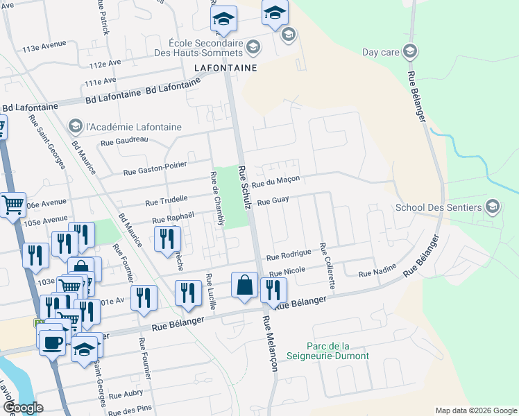 map of restaurants, bars, coffee shops, grocery stores, and more near 52 Rue Guay in Saint-Jérôme