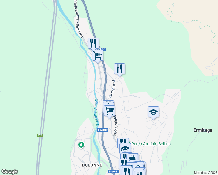 map of restaurants, bars, coffee shops, grocery stores, and more near 26 Via Col Ferret in Courmayeur