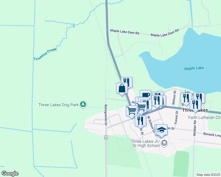 map of restaurants, bars, coffee shops, grocery stores, and more near 7050 Batogowski Drive in Three Lakes