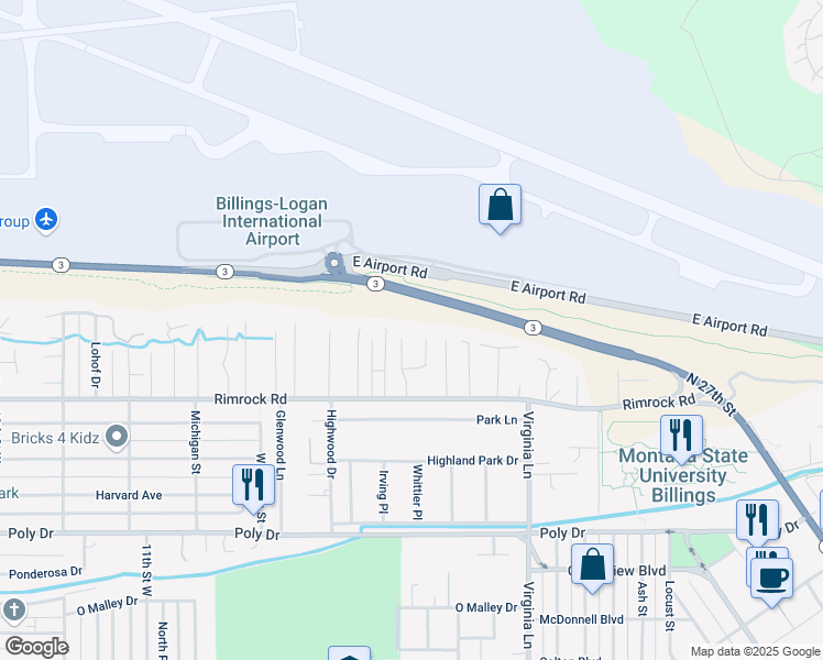 map of restaurants, bars, coffee shops, grocery stores, and more near 3021 Macona Lane in Billings