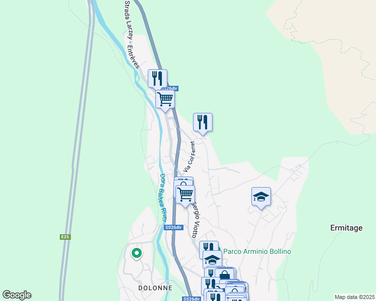 map of restaurants, bars, coffee shops, grocery stores, and more near 26 Via Col Ferret in Courmayeur