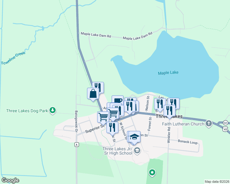 map of restaurants, bars, coffee shops, grocery stores, and more near 7045 West School Street in Three Lakes