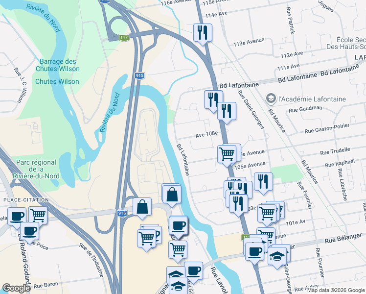 map of restaurants, bars, coffee shops, grocery stores, and more near 2141 Boulevard Lafontaine in Saint-Jérôme