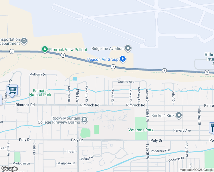 map of restaurants, bars, coffee shops, grocery stores, and more near 3205 Harrow Dr in Billings