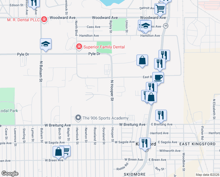 map of restaurants, bars, coffee shops, grocery stores, and more near in Kingsford