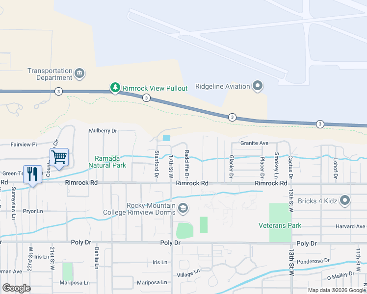 map of restaurants, bars, coffee shops, grocery stores, and more near 3110 Radcliffe Drive in Billings