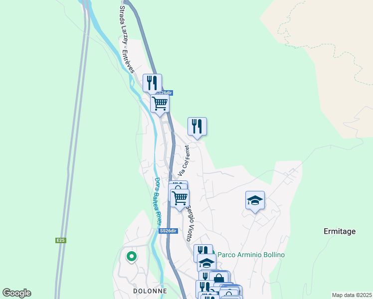 map of restaurants, bars, coffee shops, grocery stores, and more near 26 Via Col Ferret in Courmayeur