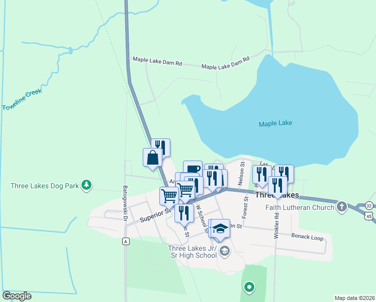 map of restaurants, bars, coffee shops, grocery stores, and more near 7045 West School Street in Three Lakes