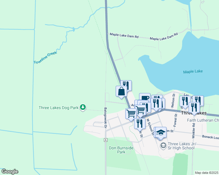 map of restaurants, bars, coffee shops, grocery stores, and more near 7050 Batogowski Drive in Three Lakes