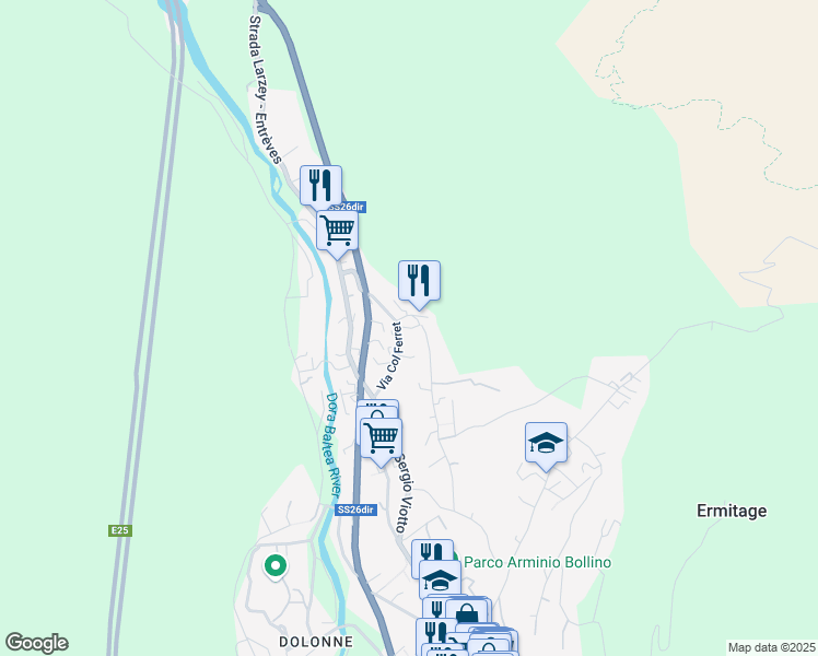 map of restaurants, bars, coffee shops, grocery stores, and more near in Courmayeur