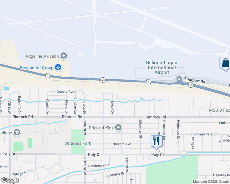 map of restaurants, bars, coffee shops, grocery stores, and more near 1125 Henry Road in Billings