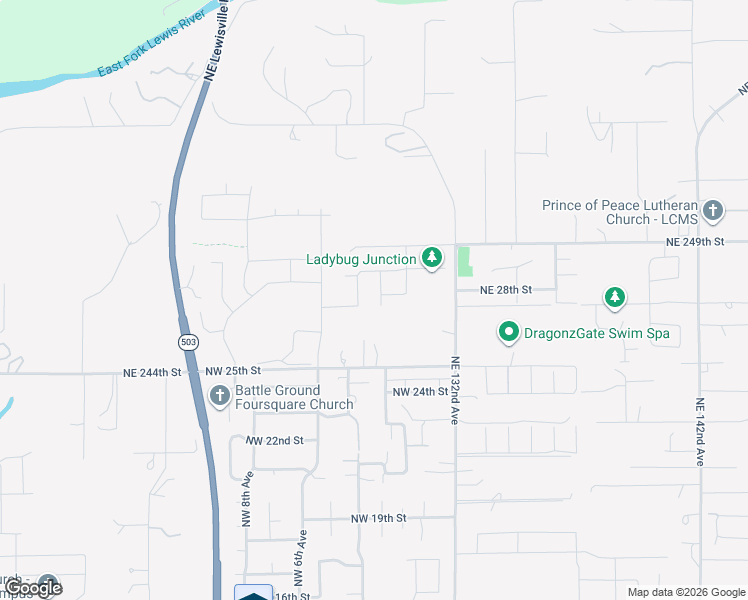 map of restaurants, bars, coffee shops, grocery stores, and more near 2708 Northwest 3rd Avenue in Battle Ground