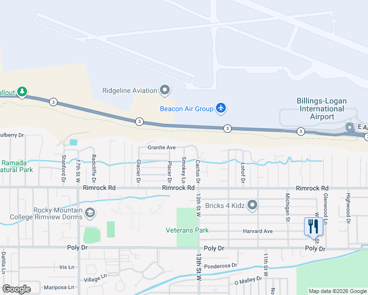 map of restaurants, bars, coffee shops, grocery stores, and more near 1328 Granite Avenue in Billings