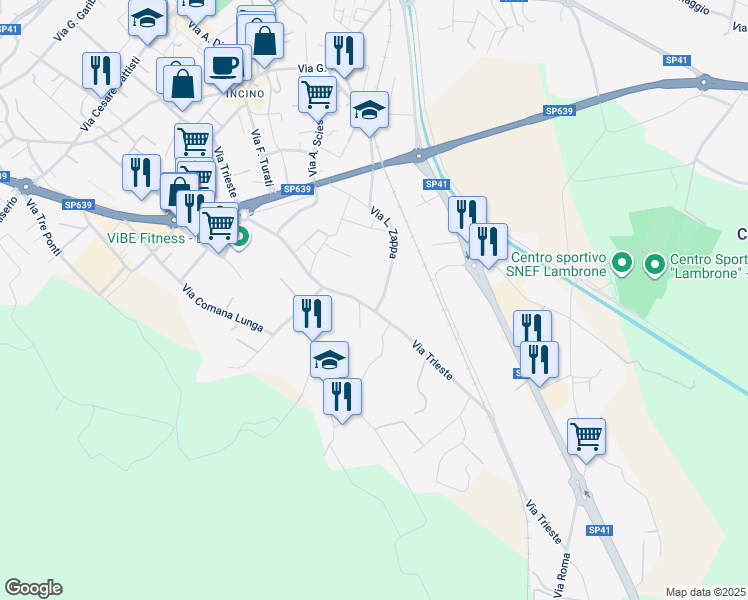 map of restaurants, bars, coffee shops, grocery stores, and more near 46 Via L. Zappa in Erba