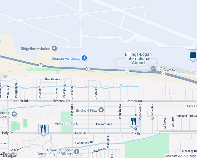 map of restaurants, bars, coffee shops, grocery stores, and more near 1125 Henry Road in Billings