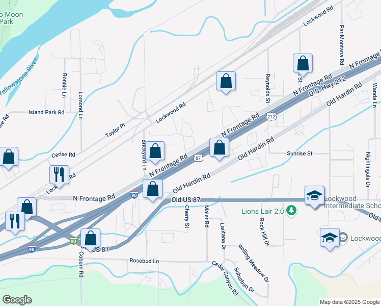 map of restaurants, bars, coffee shops, grocery stores, and more near North Frontage Road in Billings