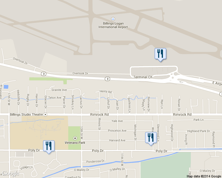 map of restaurants, bars, coffee shops, grocery stores, and more near 1125 Henry Road in Billings