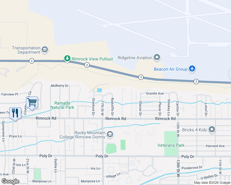 map of restaurants, bars, coffee shops, grocery stores, and more near 3110 Radcliffe Drive in Billings