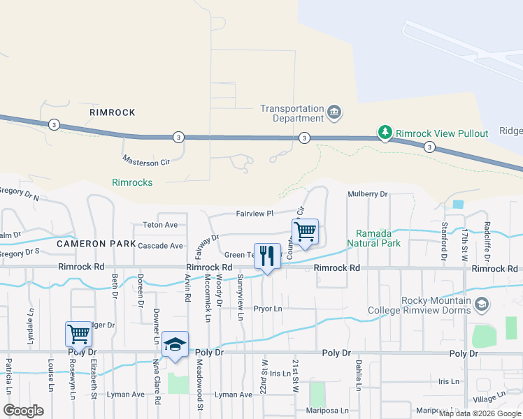 map of restaurants, bars, coffee shops, grocery stores, and more near 2145 Fairview Place in Billings
