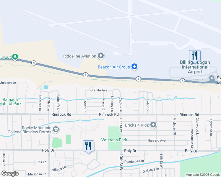 map of restaurants, bars, coffee shops, grocery stores, and more near 1328-1344 Granite Avenue in Billings